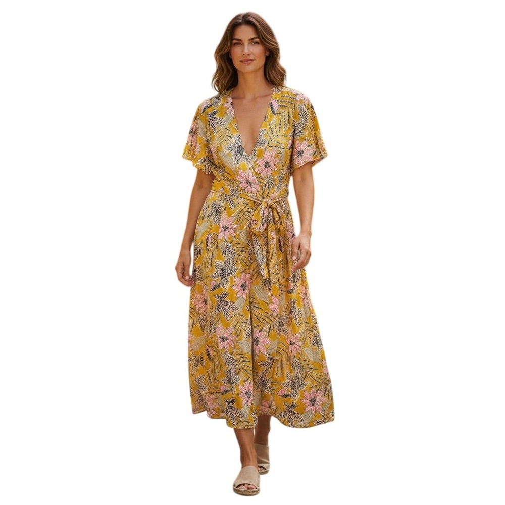 Marine Layer Yellow Tropical Floral Wrap Midi Dress Short Sleeve Tie Waist Small